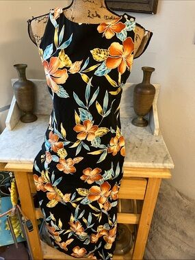 Tori Richard Black Maxi Dress with Orange and Teal Floral Print Gorgeous S! Sexy